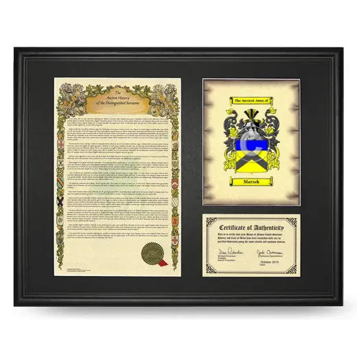 Mattek Framed Surname History and Coat of Arms - Black