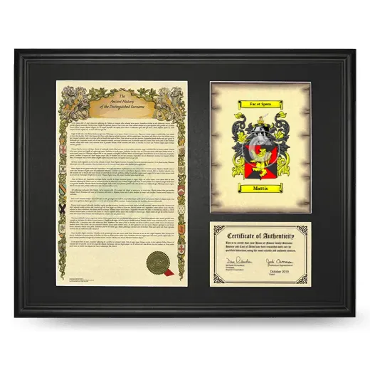 Mattis Framed Surname History and Coat of Arms - Black