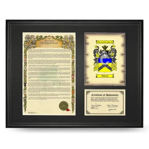 Matura Framed Surname History and Coat of Arms - Black