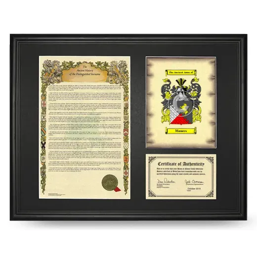 Mauers Framed Surname History and Coat of Arms - Black