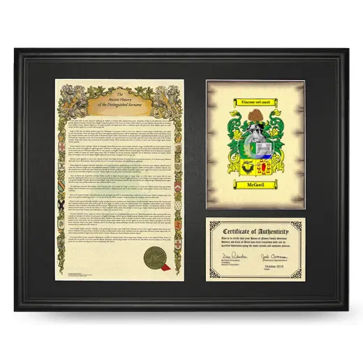 McGreil Framed Surname History and Coat of Arms - Black