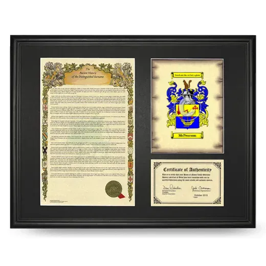 McPearson Framed Surname History and Coat of Arms - Black