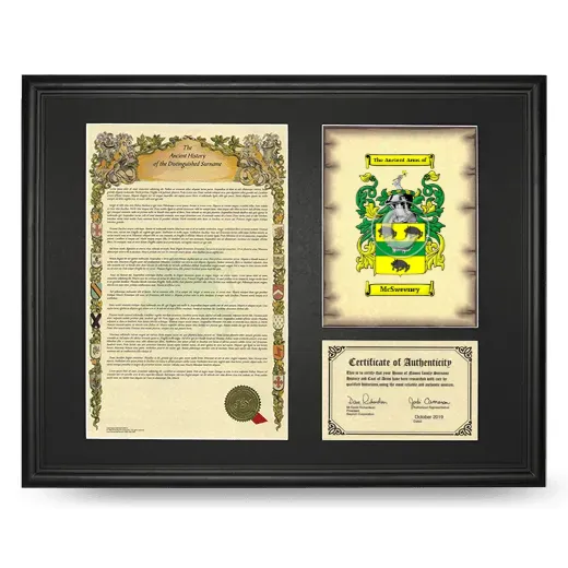 McSweeney Framed Surname History and Coat of Arms - Black