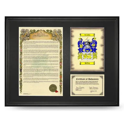 McVey Framed Surname History and Coat of Arms - Black