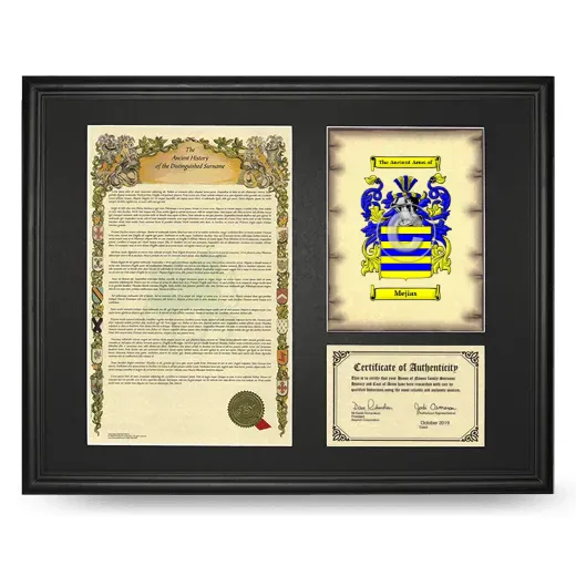 Mejias Framed Surname History and Coat of Arms - Black