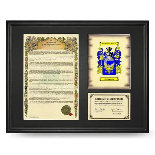 Melançon Framed Surname History and Coat of Arms - Black
