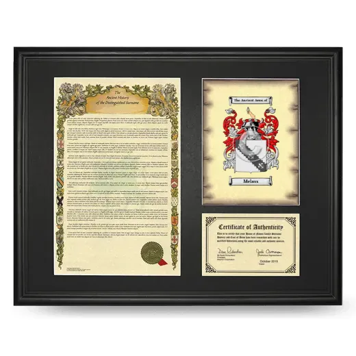 Melass Framed Surname History and Coat of Arms - Black