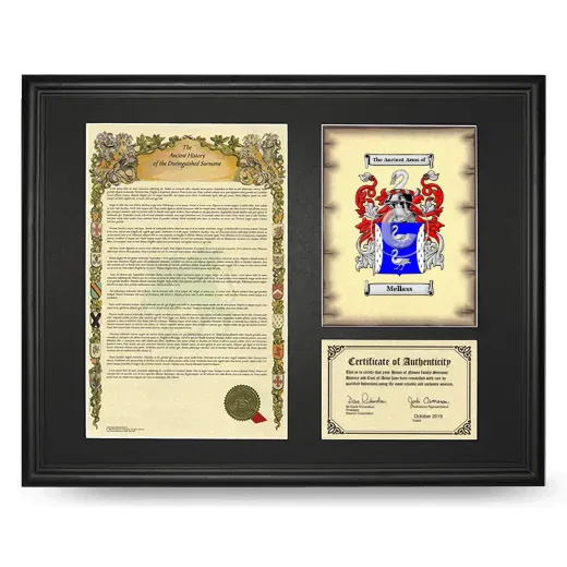 Mellass Framed Surname History and Coat of Arms - Black