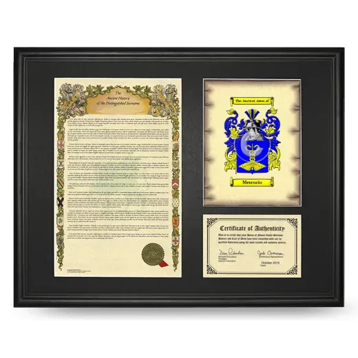 Mercurio Framed Surname History and Coat of Arms - Black