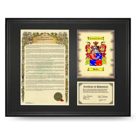Merlos Framed Surname History and Coat of Arms - Black