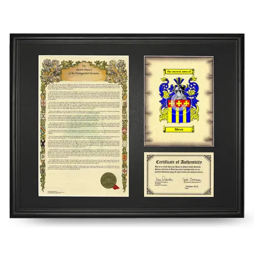 Meux Framed Surname History and Coat of Arms - Black