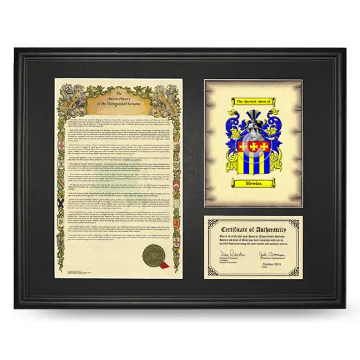 Mewiss Framed Surname History and Coat of Arms - Black