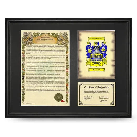 Michalik Framed Surname History and Coat of Arms - Black