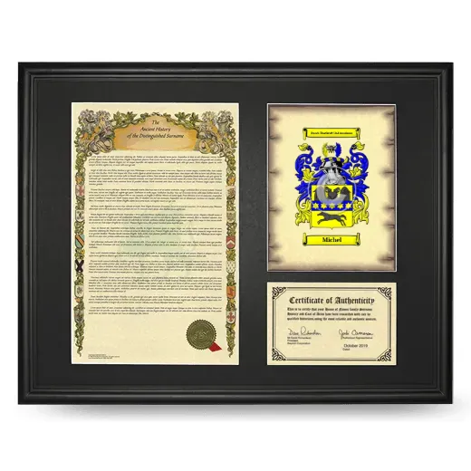 Michel Framed Surname History and Coat of Arms - Black