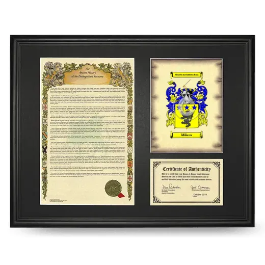 Milans Framed Surname History and Coat of Arms - Black