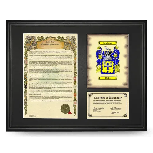 Mill-s Framed Surname History and Coat of Arms - Black
