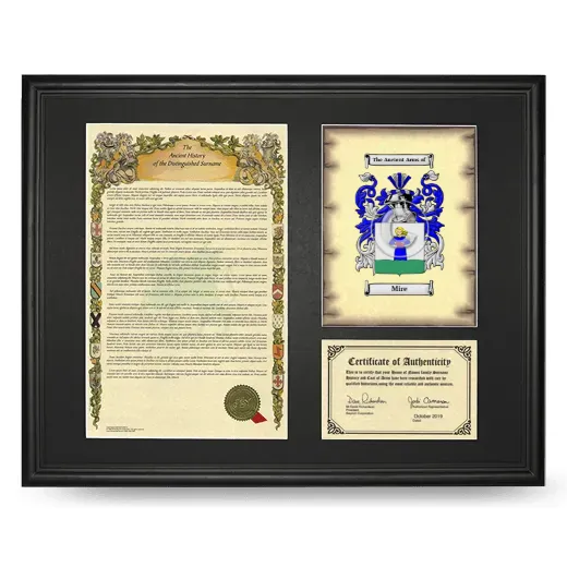 Mire Framed Surname History and Coat of Arms - Black