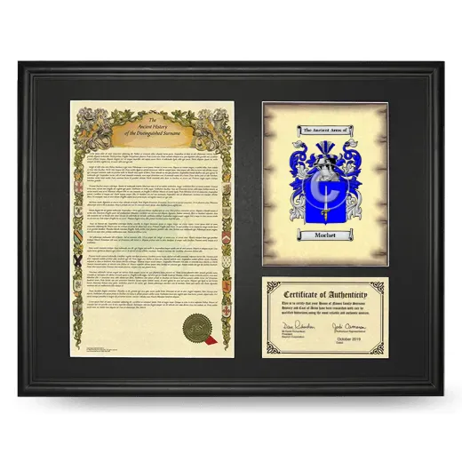 Mochet Framed Surname History and Coat of Arms - Black
