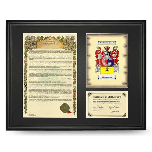 Montreuils Framed Surname History and Coat of Arms - Black