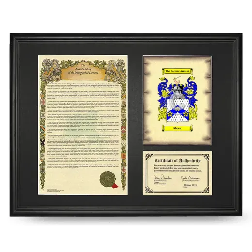 Moor Framed Surname History and Coat of Arms - Black