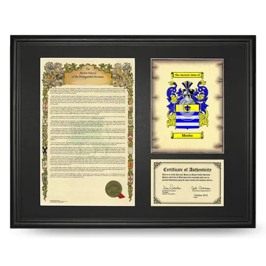 Morita Framed Surname History and Coat of Arms - Black