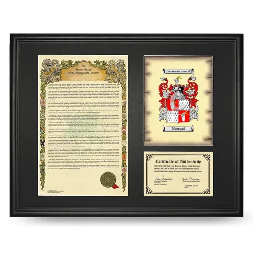 Mortynd Framed Surname History and Coat of Arms - Black