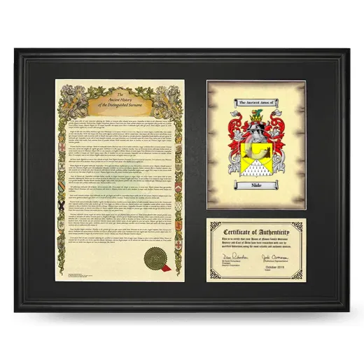 Nide Framed Surname History and Coat of Arms - Black