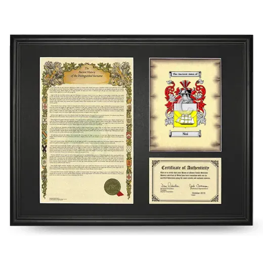 Noi Framed Surname History and Coat of Arms - Black