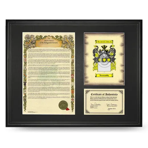 Normanby Framed Surname History and Coat of Arms - Black