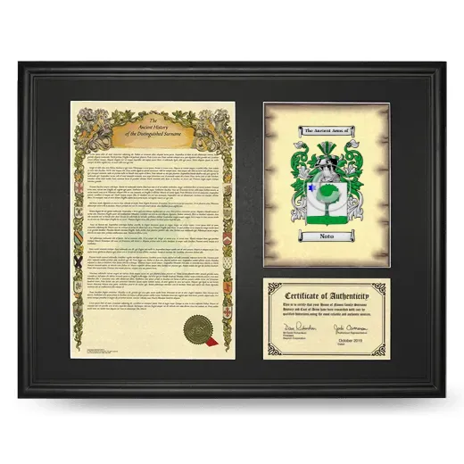 Noto Framed Surname History and Coat of Arms - Black