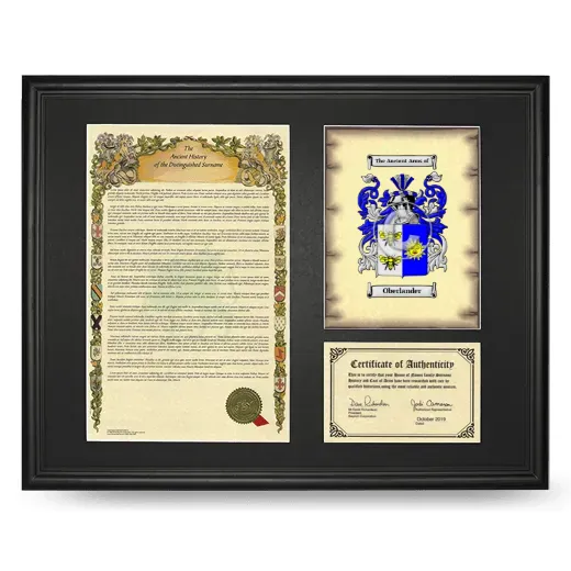Oberlander Framed Surname History and Coat of Arms - Black