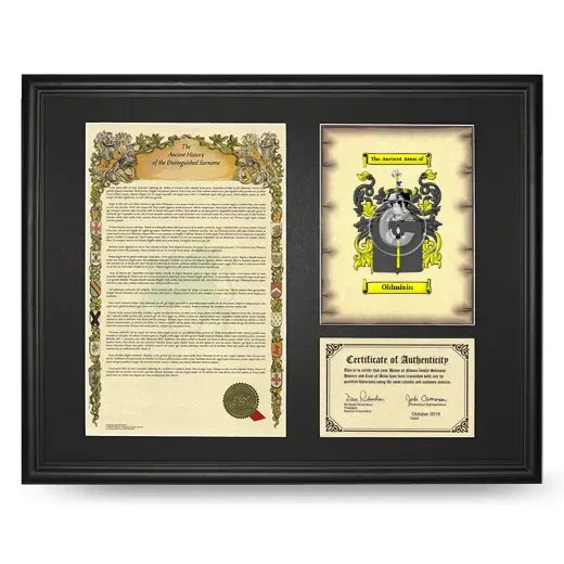 Oldmixin Framed Surname History and Coat of Arms - Black