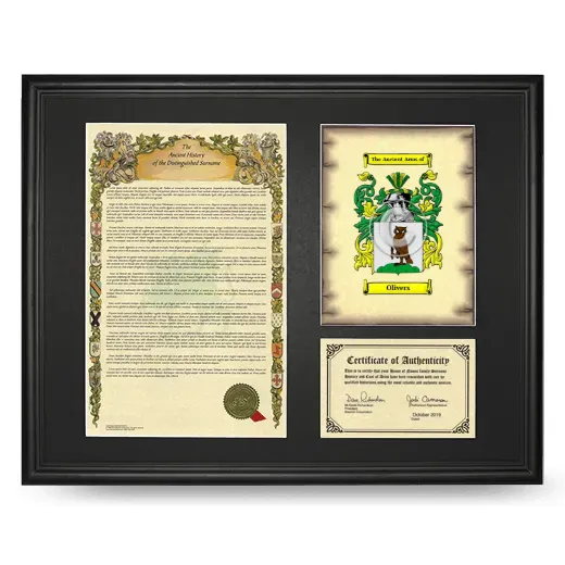 Olivers Framed Surname History and Coat of Arms - Black