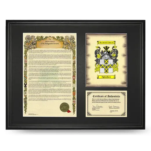 Opinshaw Framed Surname History and Coat of Arms - Black