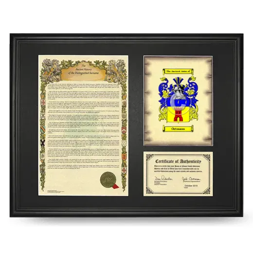 Ortmans Framed Surname History and Coat of Arms - Black