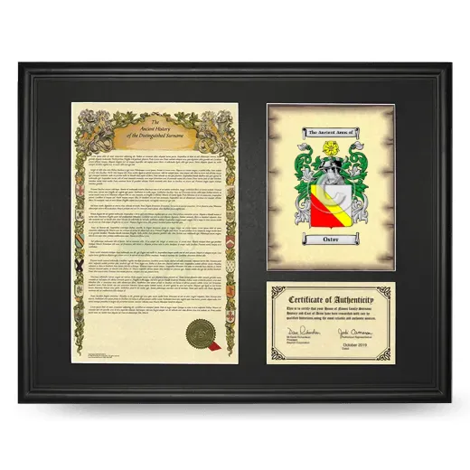 Oster Framed Surname History and Coat of Arms - Black