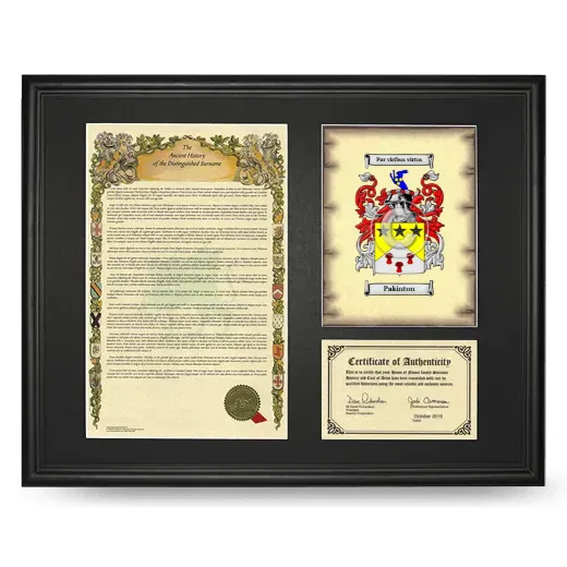 Pakinton Framed Surname History and Coat of Arms - Black