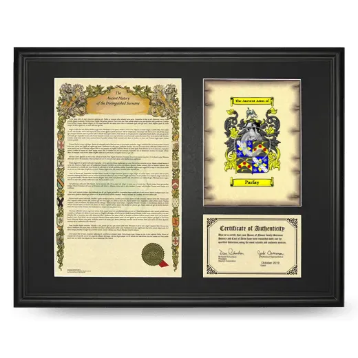 Parfay Framed Surname History and Coat of Arms - Black