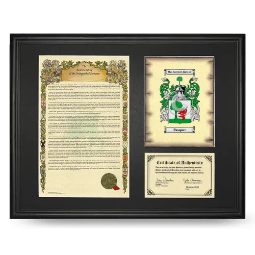 Pasquet Framed Surname History and Coat of Arms - Black