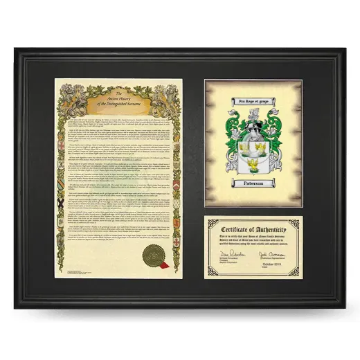 Paterson Framed Surname History and Coat of Arms - Black