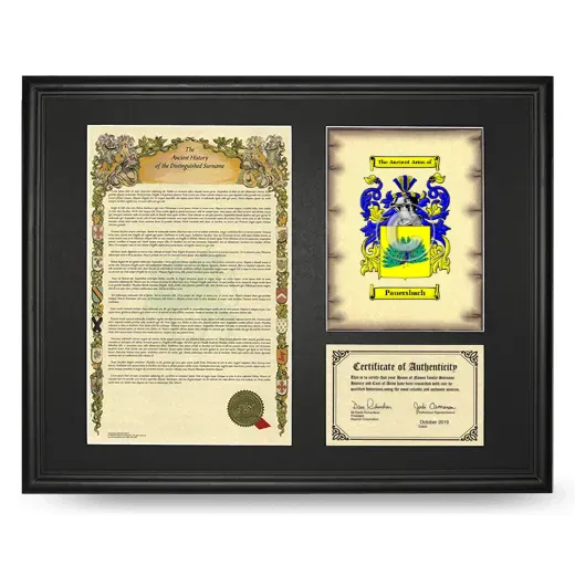 Pauersbach Framed Surname History and Coat of Arms - Black
