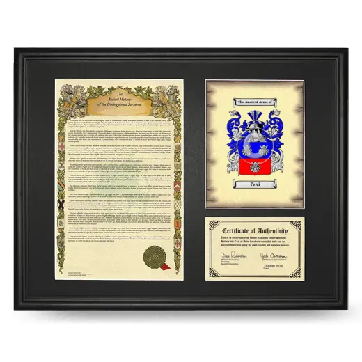 Pavi Framed Surname History and Coat of Arms - Black