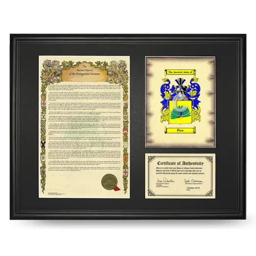Paw Framed Surname History and Coat of Arms - Black