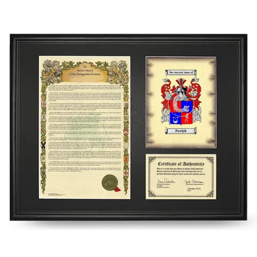 Pawlyk Framed Surname History and Coat of Arms - Black