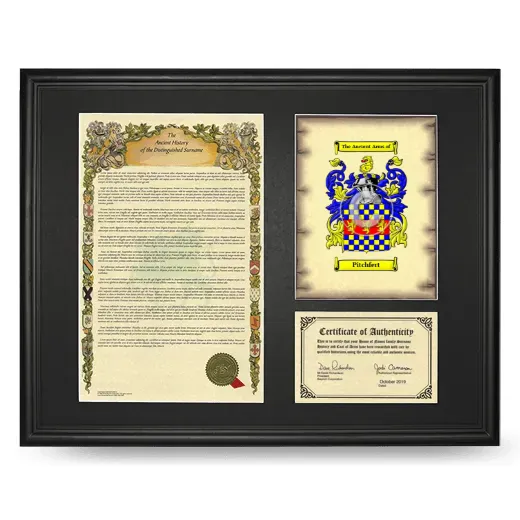 Pitchfert Framed Surname History and Coat of Arms - Black