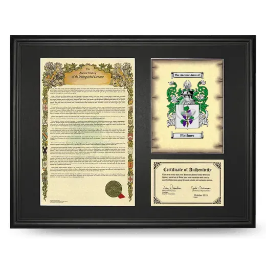 Plathner Framed Surname History and Coat of Arms - Black