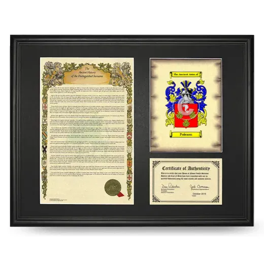 Poisson Framed Surname History and Coat of Arms - Black