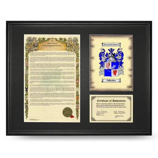 Pollexfen Framed Surname History and Coat of Arms - Black