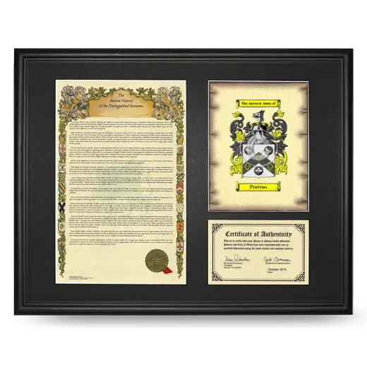 Pratton Framed Surname History and Coat of Arms - Black