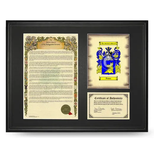 Prous Framed Surname History and Coat of Arms - Black